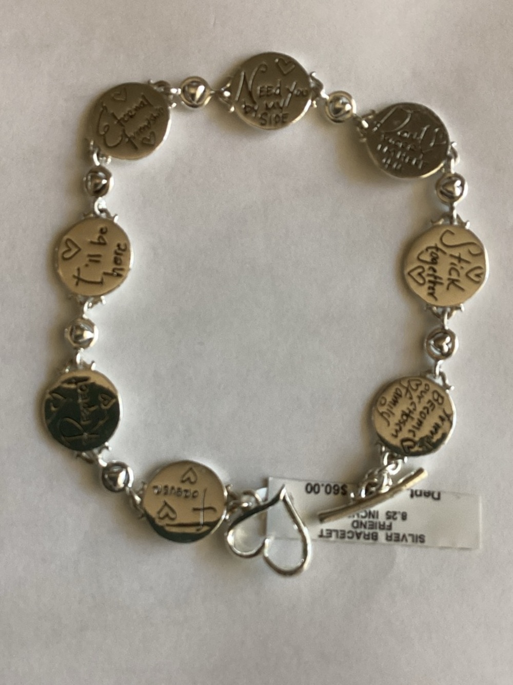 Inspirational Silver Disc Bracelet with Heart Clasp. Friends bracelet!